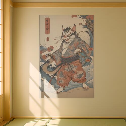 猫又 着物 波 桜 妖怪 タペストリー 和柄 和風 大きい 男気 日本画風 入れ墨風 アウトロー 縦型 縦配信 大自然 インテリア 撮影背景 壁掛け 大判 長方形 壁布 ベージュ グレー 赤