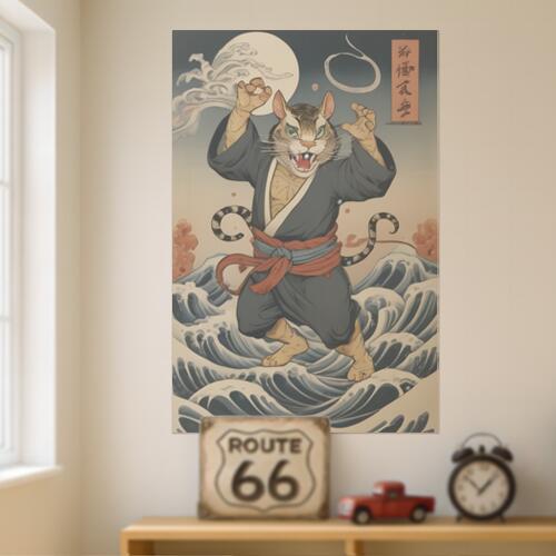 猫又 化け猫 妖怪 浮世絵 波 タペストリー 和柄 和風 大きい 男気 日本画風 入れ墨風 アウトロー 縦型 縦配信 大自然 インテリア 撮影背景 壁掛け 大判 長方形 壁布 紺 白 赤