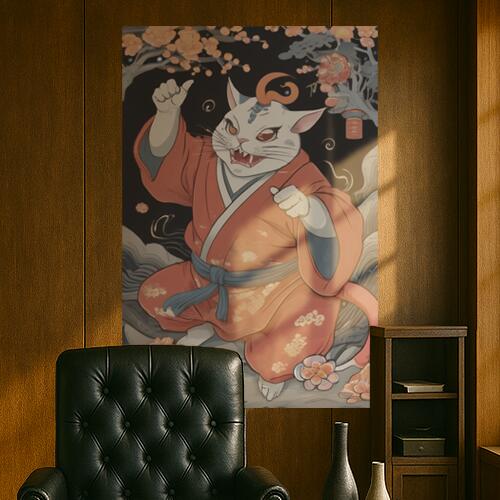 猫 着物 桜 提灯 妖怪 タペストリー 和柄 和風 大きい 男気 日本画風 入れ墨風 アウトロー 縦型 縦配信 大自然 インテリア 撮影背景 壁掛け 大判 長方形 壁布 赤 白 グレー