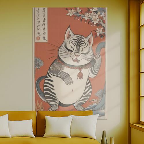 猫 招き猫 浮世絵 和風 縁起物 タペストリー 和柄 大きい 男気 日本画風 入れ墨風 アウトロー 縦型 縦配信 大自然 インテリア 撮影背景 壁掛け 大判 長方形 壁布 赤 白 グレー