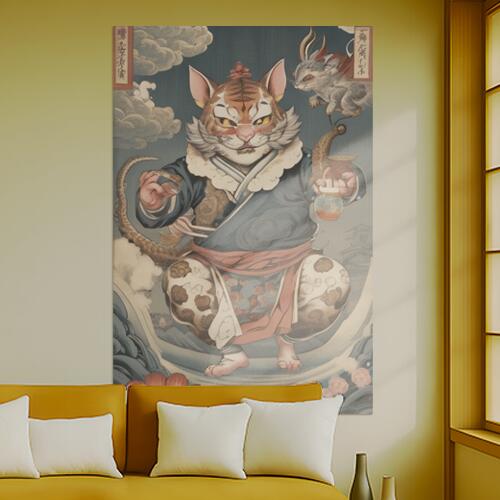 虎 猫又 妖怪 浮世絵 伝説 タペストリー 和柄 和風 大きい 男気 日本画風 入れ墨風 アウトロー 縦型 縦配信 大自然 インテリア 撮影背景 壁掛け 大判 長方形 壁布 青 紺 白