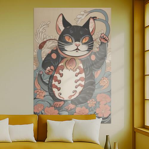猫 招き猫 幸運 縁起物 和風 タペストリー 和柄 大きい 男気 日本画風 入れ墨風 アウトロー 縦型 縦配信 大自然 インテリア 撮影背景 壁掛け 大判 長方形 壁布 黒 白 赤