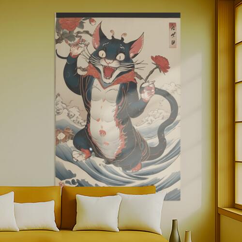 猫又 化け猫 妖怪 浮世絵 花 タペストリー 和柄 和風 大きい 男気 日本画風 入れ墨風 アウトロー 縦型 縦配信 大自然 インテリア 撮影背景 壁掛け 大判 長方形 壁布 紺 白 赤