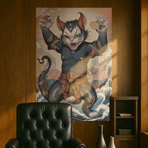 猫又 妖怪 日本美術 浮世絵 招き猫 タペストリー 和柄 和風 大きい 男気 日本画風 入れ墨風 アウトロー 縦型 縦配信 大自然 インテリア 撮影背景 壁掛け 大判 長方形 壁布 紺 白 オレンジ