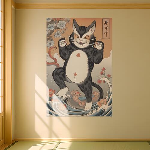 猫 波 花 蛇 浮世絵 タペストリー 和柄 和風 大きい 男気 日本画風 入れ墨風 アウトロー 縦型 縦配信 大自然 インテリア 撮影背景 壁掛け 大判 長方形 壁布 黒 白 グレー