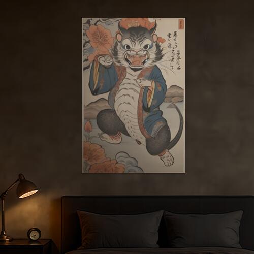 虎 化け猫 妖怪 浮世絵 牡丹 タペストリー 和柄 和風 大きい 男気 日本画風 入れ墨風 アウトロー 縦型 縦配信 大自然 インテリア 撮影背景 壁掛け 大判 長方形 壁布 グレー 白 オレンジ