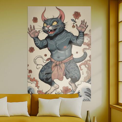 猫又 妖怪 鬼 浮世絵 波 タペストリー 和柄 和風 大きい 男気 日本画風 入れ墨風 アウトロー 縦型 縦配信 大自然 インテリア 撮影背景 壁掛け 大判 長方形 壁布 青 グレー ピンク