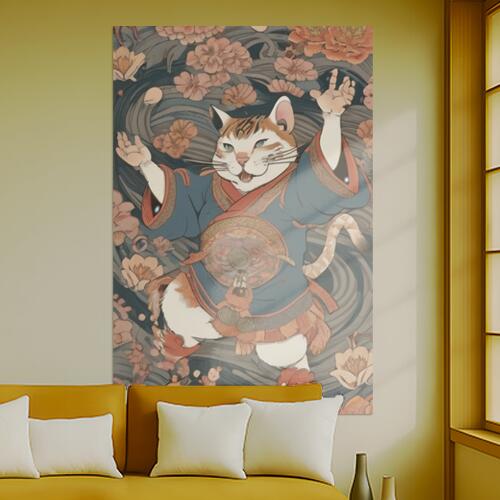 猫 着物 花 幸運 繁栄 タペストリー 和柄 和風 大きい 男気 日本画風 入れ墨風 アウトロー 縦型 縦配信 大自然 インテリア 撮影背景 壁掛け 大判 長方形 壁布 青 オレンジ ベージュ