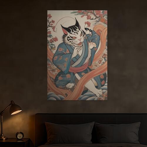 猫又 着物 桜 妖怪 浮世絵 タペストリー 和柄 和風 大きい 男気 日本画風 入れ墨風 アウトロー 縦型 縦配信 大自然 インテリア 撮影背景 壁掛け 大判 長方形 壁布 白 青 赤