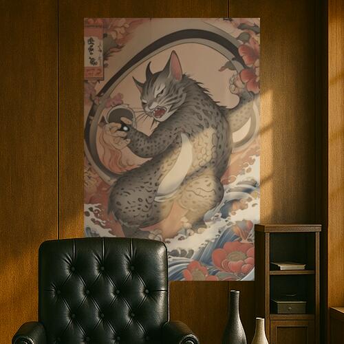 猫又 化け猫 妖怪 浮世絵 魔力 タペストリー 和柄 和風 大きい 男気 日本画風 入れ墨風 アウトロー 縦型 縦配信 大自然 インテリア 撮影背景 壁掛け 大判 長方形 壁布 グレー ベージュ 赤