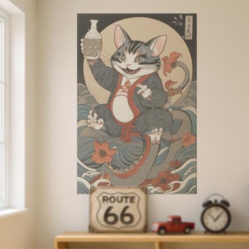 猫 招き猫 酒 花 波 タペストリー 和柄 和風 大きい 男気 日本画風 入れ墨風 アウトロー 縦型 縦配信 ..