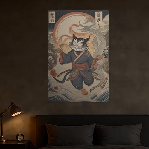 猫 侍 着物 龍 月 タペストリー 和柄 和風 大きい 男気 日本画風 入れ墨風 アウトロー 縦型 縦配信 大自然 インテリア 撮影背景 壁掛け 大判 長方形 壁布 紺 赤 ベージュ