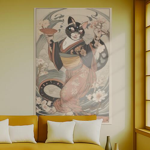 猫又 着物 桜 酒器 化け猫 タペストリー 和柄 和風 大きい 男気 日本画風 入れ墨風 アウトロー 縦型 縦..