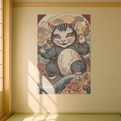 猫又 化け猫 妖怪 招き猫 縁起物 タペストリー 和柄 和風 大きい 男気 日本画風 入れ墨風 アウトロー 縦型 縦配信 大自然 インテリア 撮影背景 壁掛け 大判 長方形 壁布 白 グレー 黒