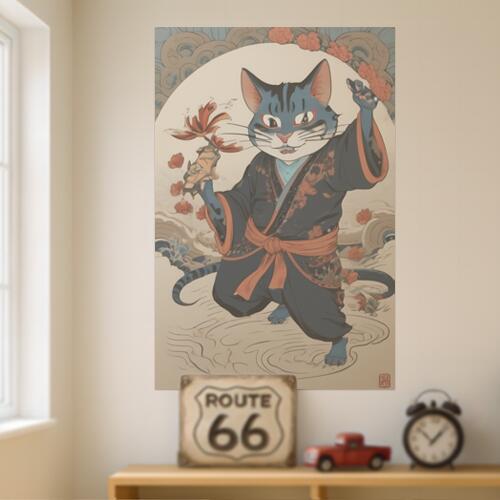 猫 着物 花 月 波 タペストリー 和柄 和風 大きい 男気 日本画風 入れ墨風 アウトロー 縦型 縦配信 大自然 インテリア 撮影背景 壁掛け 大判 長方形 壁布 紺 黒 赤