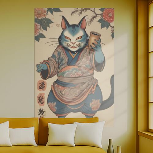 猫 着物 陶器 花 招き猫 タペストリー 和柄 和風 大きい 男気 日本画風 入れ墨風 アウトロー 縦型 縦配信 大自然 インテリア 撮影背景 壁掛け 大判 長方形 壁布 青 ベージュ オレンジ