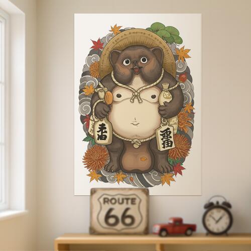 狸 酒 徳利 蓑 日本画 タペストリー 和柄 和風 大きい 男気 日本画風 入れ墨風 アウトロー 縦型 縦配信..