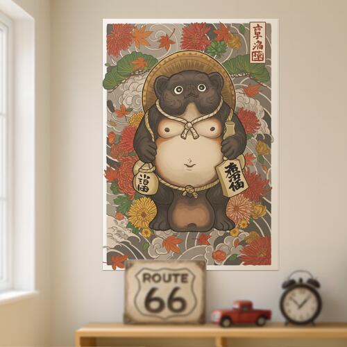 狸 たぬき 縁起物 開運 商売繁盛 タペストリー 和柄 和風 大きい 男気 日本画風 入れ墨風 アウトロー 縦型 縦配信 大自然 インテリア 撮影背景 壁掛け 大判 長方形 壁布 黒 ベージュ 赤