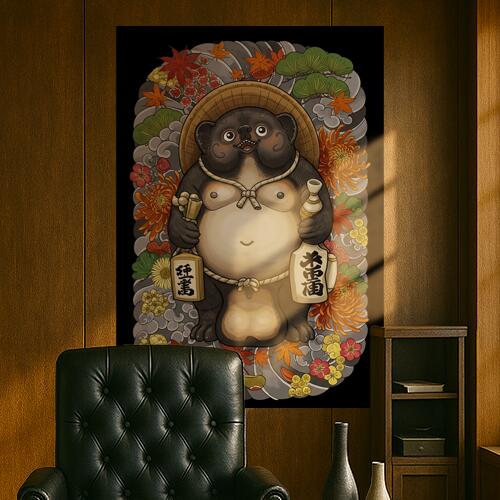 狸 酒 徳利 笠 紅葉 タペストリー 和柄 和風 大きい 男気 日本画風 入れ墨風 アウトロー 縦型 縦配信 ..