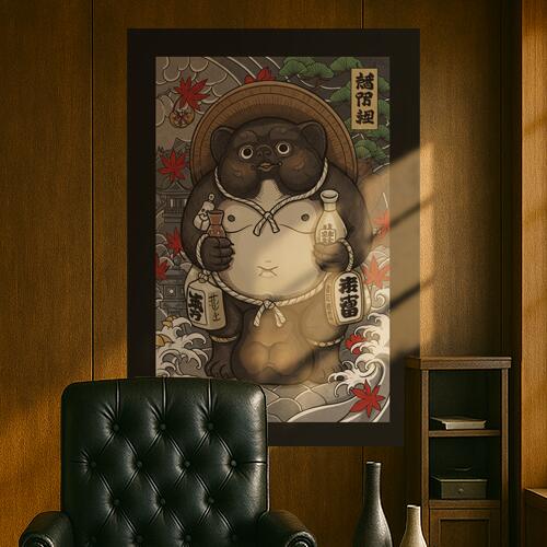 狸 笠 酒 徳利 招福 タペストリー 和柄 和風 大きい 男気 日本画風 入れ墨風 アウトロー 縦型 縦配信 ..