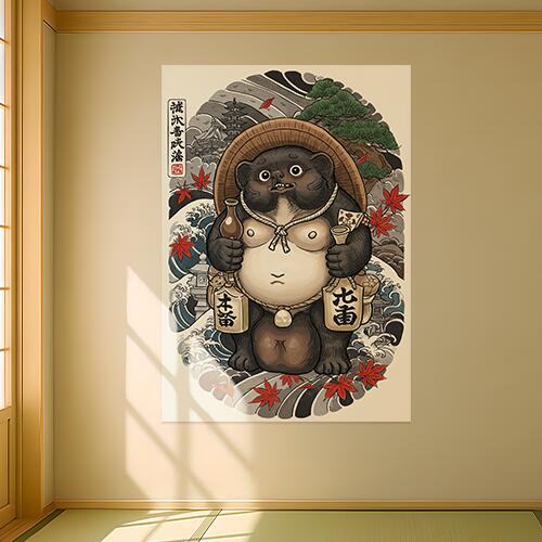 狸 酒 徳利 日本建築 紅葉 タペストリー 和柄 和風 大きい 男気 日本画風 入れ墨風 アウトロー 縦型 縦..