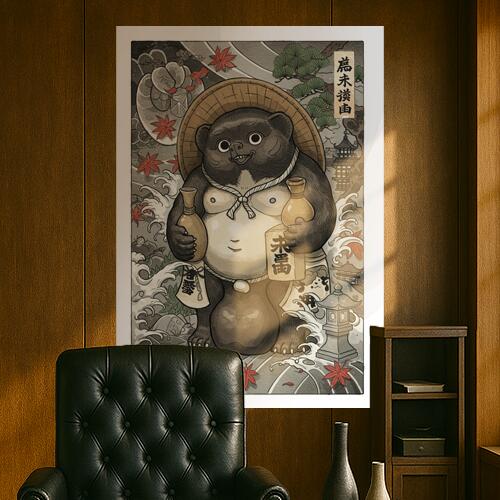 狸 酒 徳利 笠 紅葉 タペストリー 和柄 和風 大きい 男気 日本画風 入れ墨風 アウトロー 縦型 縦配信 ..