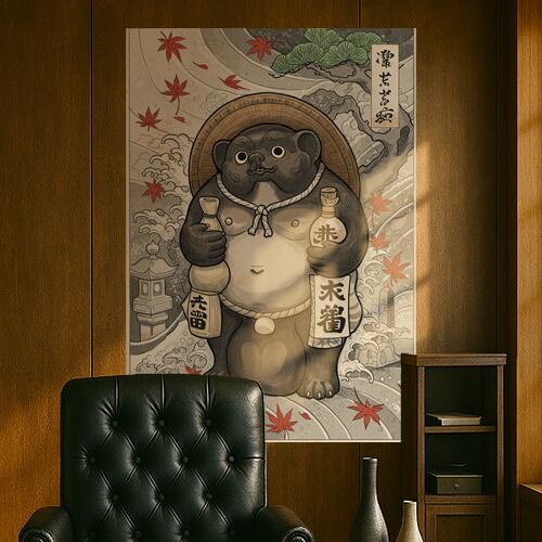 狸 酒 徳利 笠 紅葉 タペストリー 和柄 和風 大きい 男気 日本画風 入れ墨風 アウトロー 縦型 縦配信 ..