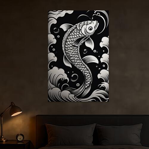 鯉 魚 波 水 幸運 タペストリー 和柄 和風 大きい 男気 日本画風 入れ墨風 アウトロー 縦型 縦配信 大自然 インテリア 撮影背景 壁掛け 大判 長方形 壁布 黒 白 グレー