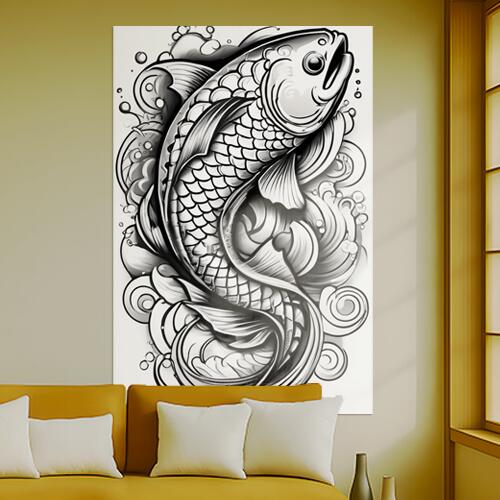 鯉 滝登り 鱗 波 繁栄 タペストリー 和柄 和風 大きい 男気 日本画風 入れ墨風 アウトロー 縦型 縦配信 大自然 インテリア 撮影背景 壁掛け 大判 長方形 壁布 白 黒 グレー