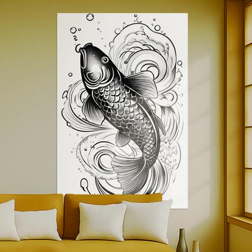 鯉 魚 水 波 幸運 タペストリー 和柄 和風 大きい 男気 日本画風 入れ墨風 アウトロー 縦型 縦配信 大..