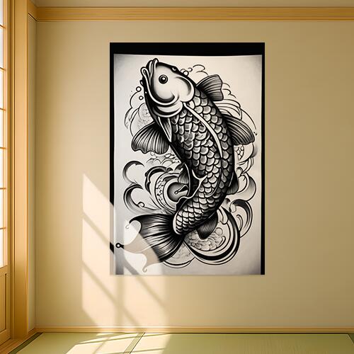 鯉 魚 波 水 幸運 タペストリー 和柄 和風 大きい 男気 日本画風 入れ墨風 アウトロー 縦型 縦配信 大..