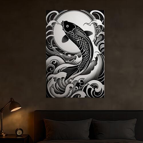 鯉 波 月 昇り鯉 縁起物 タペストリー 和柄 和風 大きい 男気 日本画風 入れ墨風 アウトロー 縦型 縦配..