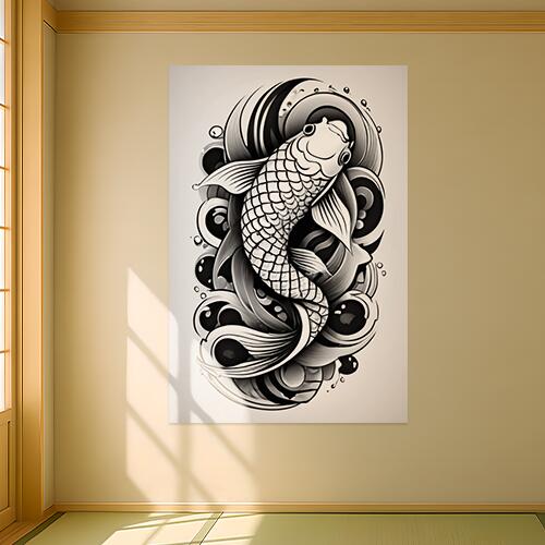 鯉 波 水 幸運 繁栄 タペストリー 和柄 和風 大きい 男気 日本画風 入れ墨風 アウトロー 縦型 縦配信 大自然 インテリア 撮影背景 壁掛け 大判 長方形 壁布 白 黒 グレー