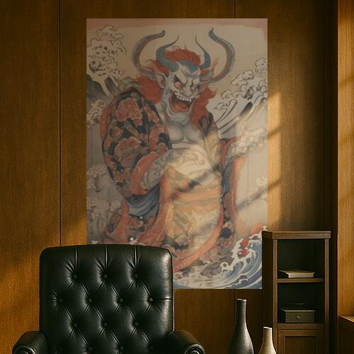 鬼 妖怪 刺青 波 浮世絵 タペストリー 和柄 和風 大きい 男気 日本画風 入れ墨風 アウトロー 縦型 縦配信 大自然 インテリア 撮影背景 壁掛け 大判 長方形 壁布 赤 青 黒
