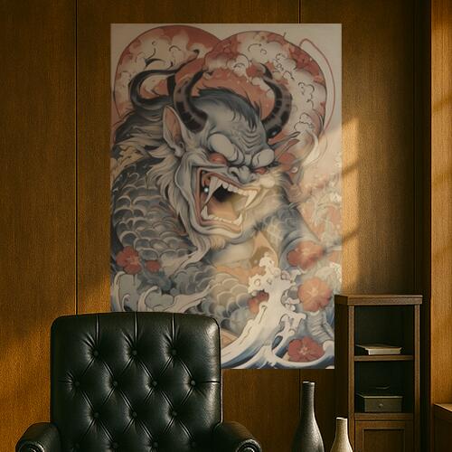 鬼 妖怪 龍 波 花 タペストリー 和柄 和風 大きい 男気 日本画風 入れ墨風 アウトロー 縦型 縦配信 大自然 インテリア 撮影背景 壁掛け 大判 長方形 壁布 白 グレー 赤