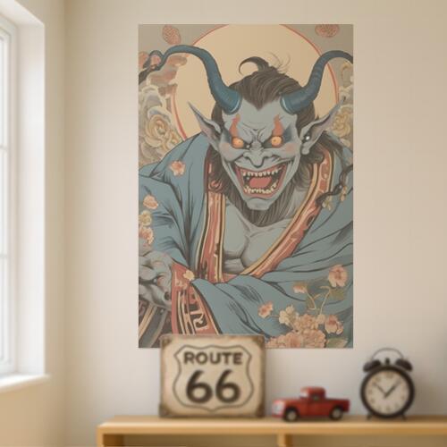 鬼 妖怪 悪魔 般若 伝説 タペストリー 和柄 和風 大きい 男気 日本画風 入れ墨風 アウトロー 縦型 縦配信 大自然 インテリア 撮影背景 壁掛け 大判 長方形 壁布 青 グレー 赤
