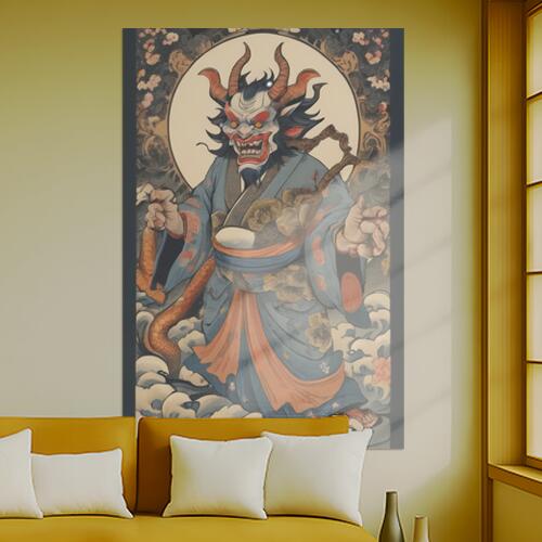 鬼 妖怪 般若 伝説 神話 タペストリー 和柄 和風 大きい 男気 日本画風 入れ墨風 アウトロー 縦型 縦配信 大自然 インテリア 撮影背景 壁掛け 大判 長方形 壁布 青 オレンジ 赤