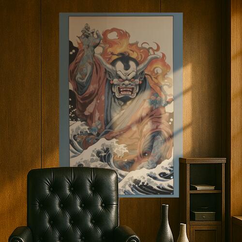 鬼 波 火炎 着物 妖怪 タペストリー 和柄 和風 大きい 男気 日本画風 入れ墨風 アウトロー 縦型 縦配信 大自然 インテリア 撮影背景 壁掛け 大判 長方形 壁布 赤 グレー オレンジ