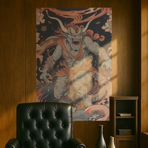 鬼 妖怪 炎 角 鱗 タペストリー 和柄 和風 大きい 男気 日本画風 入れ墨風 アウトロー 縦型 縦配信 大自然 インテリア 撮影背景 壁掛け 大判 長方形 壁布 グレー 赤 オレンジ