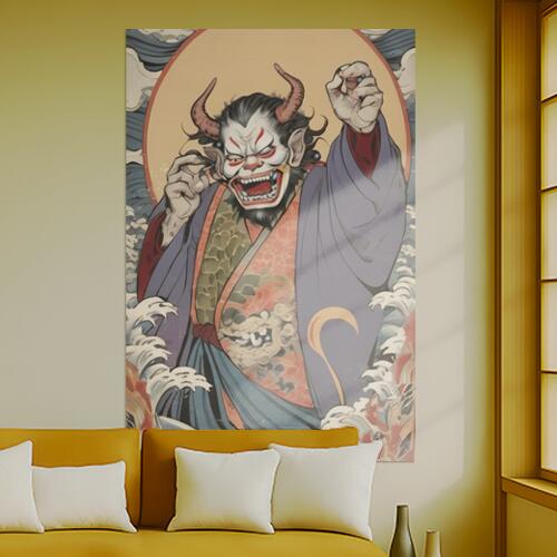 鬼 妖怪 伝説 悪魔 浮世絵 タペストリー 和柄 和風 大きい 男気 日本画風 入れ墨風 アウトロー 縦型 縦配信 大自然 インテリア 撮影背景 壁掛け 大判 長方形 壁布 白 赤 オレンジ