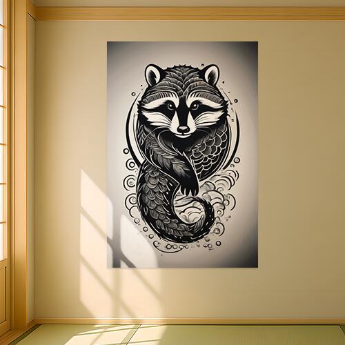 アライグマ 動物 モノクロ タトゥー スピリチュアル タペストリー 和柄 和風 大きい 男気 日本画風 入れ墨風 アウトロー 縦型 縦配信 大自然 インテリア 撮影背景 壁掛け 大判 長方形 壁布 黒 白 グレー