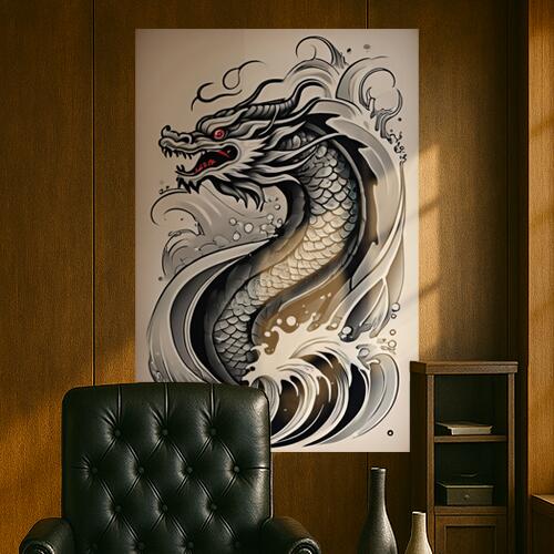 龍 水 波 鱗 伝説 タペストリー 和柄 和風 大きい 男気 日本画風 入れ墨風 アウトロー 縦型 縦配信 大自然 インテリア 撮影背景 壁掛け 大判 長方形 壁布 白 黒 グレー