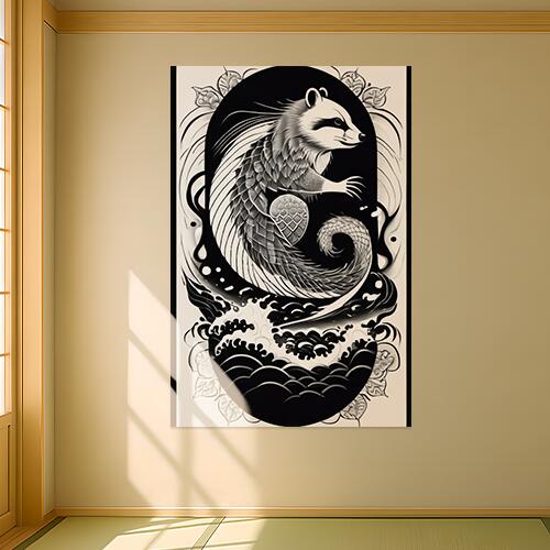 アライグマ 鱗 波 紋様 妖怪 タペストリー 和柄 和風 大きい 男気 日本画風 入れ墨風 アウトロー 縦型 縦配信 大自然 インテリア 撮影背景 壁掛け 大判 長方形 壁布 黒 白 グレー