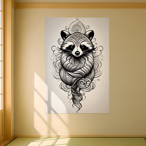 アライグマ 動物 知恵 保護 バランス タペストリー 和柄 和風 大きい 男気 日本画風 入れ墨風 アウトロー 縦型 縦配信 大自然 インテリア 撮影背景 壁掛け 大判 長方形 壁布 黒 白 グレー