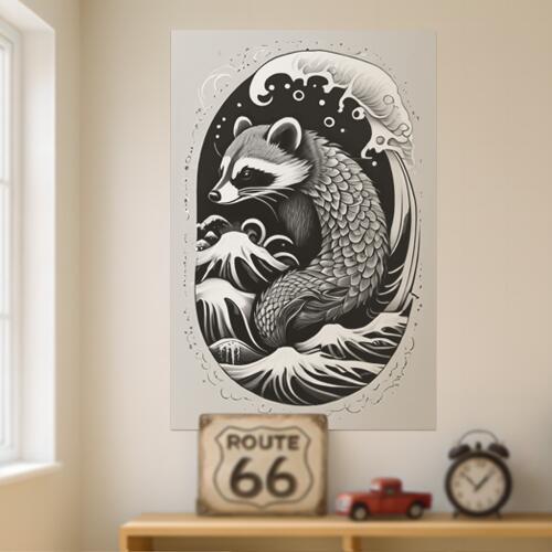 アライグマ 海 波 鱗 妖怪 タペストリー 和柄 和風 大きい 男気 日本画風 入れ墨風 アウトロー 縦型 縦配信 大自然 インテリア 撮影背景 壁掛け 大判 長方形 壁布 白 黒 グレー