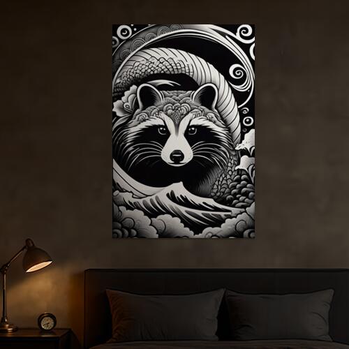 アライグマ 龍 波 渦巻き モノクロ タペストリー 和柄 和風 大きい 男気 日本画風 入れ墨風 アウトロー 縦型 縦配信 大自然 インテリア 撮影背景 壁掛け 大判 長方形 壁布 黒 白 グレー