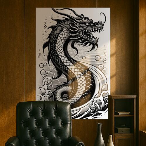 龍 水 波 鱗 神話 タペストリー 和柄 和風 大きい 男気 日本画風 入れ墨風 アウトロー 縦型 縦配信 大自然 インテリア 撮影背景 壁掛け 大判 長方形 壁布 黒 白 グレー