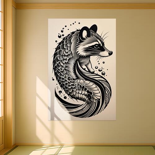 アライグマ 動物 モノクロ タトゥー アート タペストリー 和柄 和風 大きい 男気 日本画風 入れ墨風 アウトロー 縦型 縦配信 大自然 インテリア 撮影背景 壁掛け 大判 長方形 壁布 黒 白 グレー