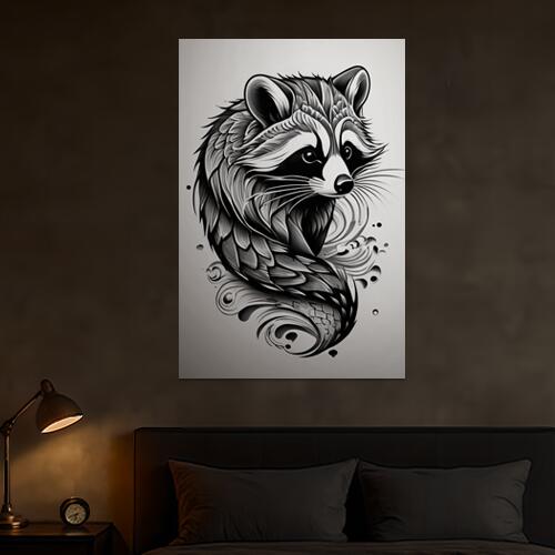 アライグマ 動物 モノクロ タトゥー スピリチュアル タペストリー 和柄 和風 大きい 男気 日本画風 入れ墨風 アウトロー 縦型 縦配信 大自然 インテリア 撮影背景 壁掛け 大判 長方形 壁布 黒 白 グレー