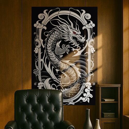 龍 竜 東洋 神話 伝説 タペストリー 和柄 和風 大きい 男気 日本画風 入れ墨風 アウトロー 縦型 縦配信 大自然 インテリア 撮影背景 壁掛け 大判 長方形 壁布 黒 白 グレー